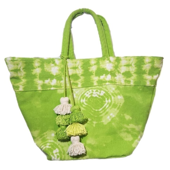 Canvas Shoulder Tote Bag Spring Summer Boho Beach Vacation Tassels Green Tie Dye - Picture 1 of 7